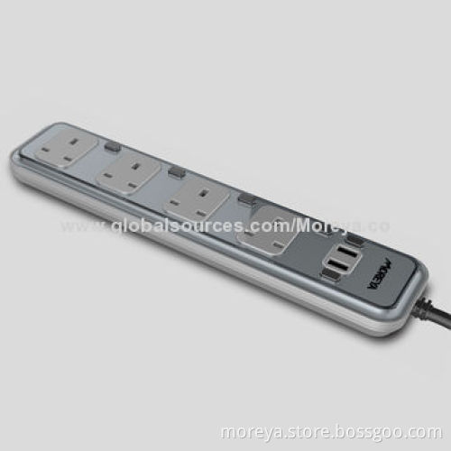 UK Standard Power Strip with 4 Sockets Outlets, 2 USB Charging ports and Individual Switches